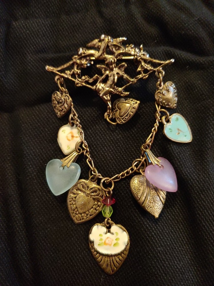 Romantic Valentine’s Vintage Brooch 10 Hearts Cherub Dangle Pin 2×3.5 Inches