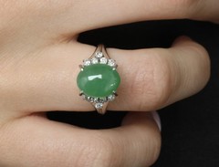 Fine 2.45ct Natural Jadeite Jade & 0.24ct Diamond Platinum Ring, Size 6