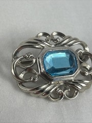 Ornate Brooch Pin Blue Glass Stone 1.5” Silver Tone Vintage
