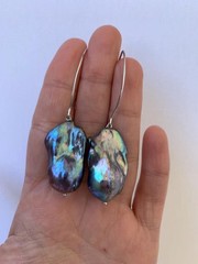 Black Baroque Pearl Earrings, Iridescent Peacock Color, Sterling Silver
