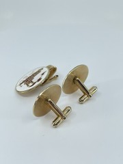 Mr Tara River boat cufflinks and tie clip set red gold white enamel 1″