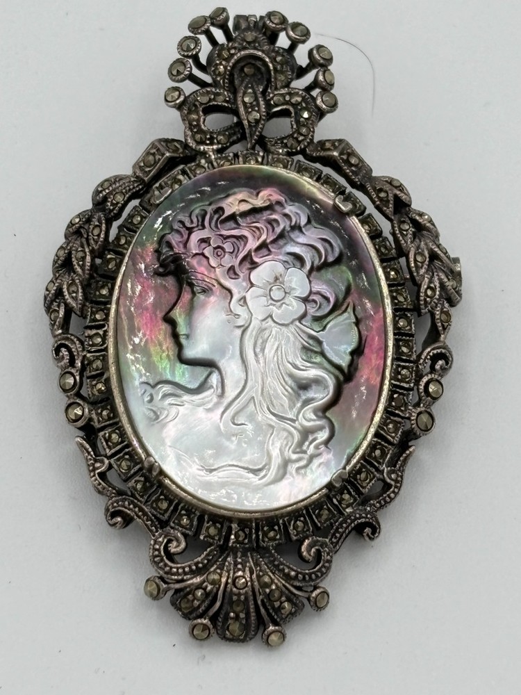 Antique German Art Deco 925 Sterling Silver Marcasite Cameo Brooch Pendant 33.2g