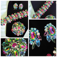 Juliana Rhinestone BRACELET BROOCH EARRING SET Book Pcs Watermelon Vitrail Rare