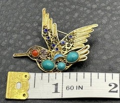 VTG Hummingbird Brooch Vermeil 925 Sterling Silver Turquoise Coral Blue Enamel