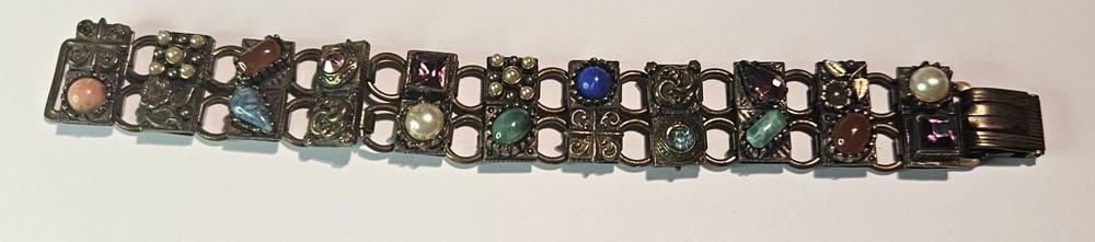 VINTAGE UN-SIGNED SELRO SELINI CHUNKY MULTI-STONE PANEL BRACELET