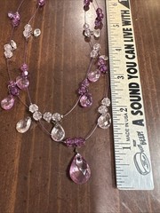 Triple Wire Bead Necklace Pink Purple Faceted Rhinestone Teardrop Dangles Retro