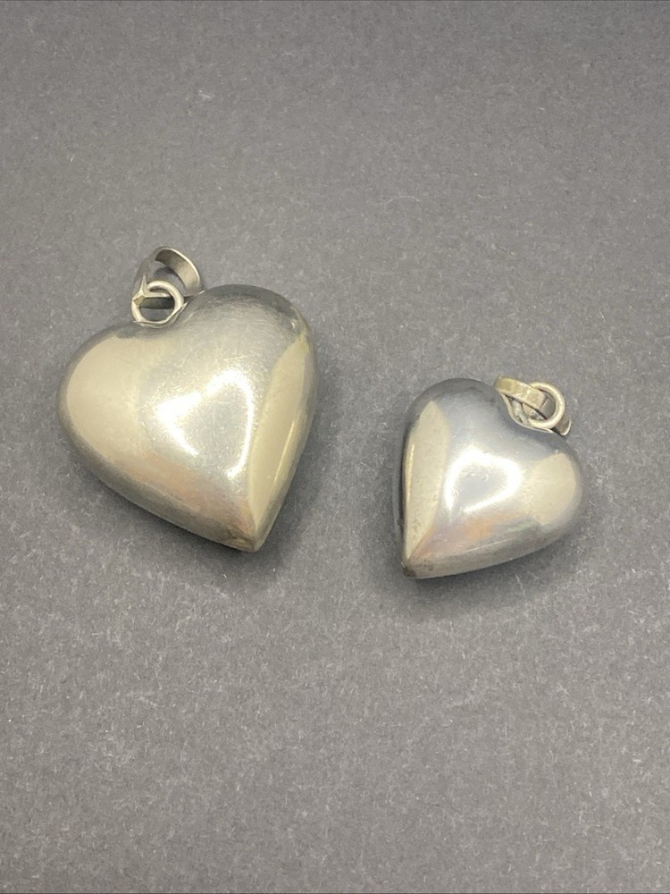 Vintage Silver Metal Puffy Heart Angel Caller Bell Pendant Lot Of 2 Sizes