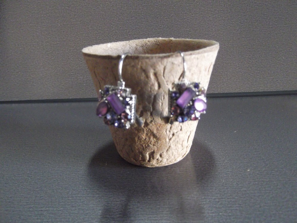 1 Pair Old .75″in Purple Glass or Rock Square w/Mixed Size Stones Dangler Clip