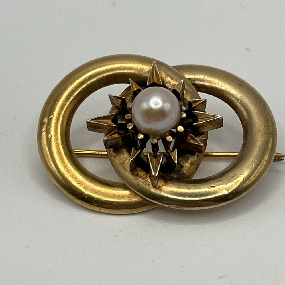 Antique Victorian 14k 18k Gold Love Knot Brooch Starburst Pearl Pin 8g