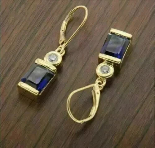 New Style Lab Created Blue Sapphire 14K Yellow Gold Finish Drop/Dangle Earrings