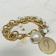Vintage JOHN WIND Faux Pearl Multi strand Gold Tone Chain Initial “J” Bracelet