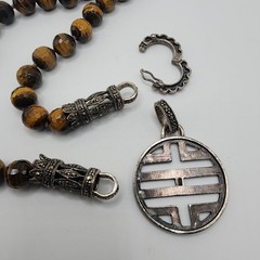 Tigers Eye Marcasite Convertible Bead Necklace Vintage Asian Inspired Charm Boho