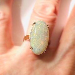 Crystal Opal Oval Cabochon 5.45 Carats 21.4 mm x 11.4 mm 18k Yellow Gold Ring