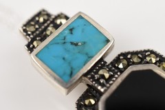 Sterling Silver Art Deco Turquoise Onyx Marcasite Pendant Necklace 18in 6.2g