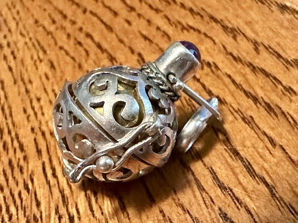Vintage Brass Harmony Ball Swirled Silver Cage Angel Chime Purple Stone Pendant