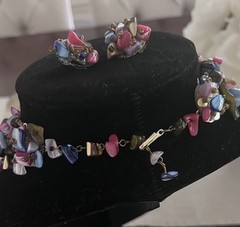 Vintage Blue Pink Amber Beaded Shell Abalone Necklace Earring Set Signed Japan