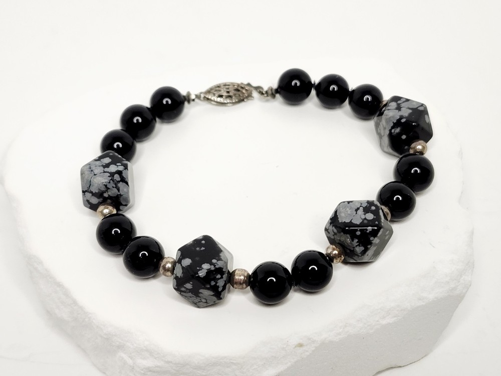 Vintage Black and Snowflake Round & Hexagonal Barrel Obsidian Bead Bracelet