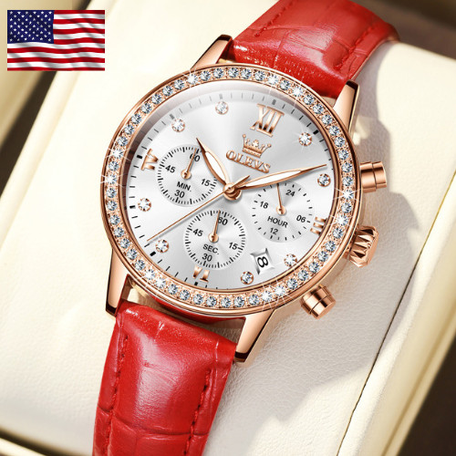 Diamond Ladies Quartz Wristwatch OLEVS Waterproof Leather Multifunction Watch