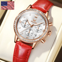 Diamond Ladies Quartz Wristwatch OLEVS Waterproof Leather Multifunction Watch