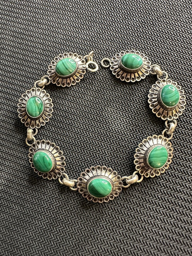 Vtg Sterling 925 Southwestern Style Concho Malachite Flower Bracelet, 7.5”