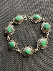 Vtg Sterling 925 Southwestern Style Concho Malachite Flower Bracelet, 7.5”