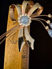 Vintage Gold Tone Floral Ribbon Bow Brooch Blue Cabochon Moonstone & Rhinestones