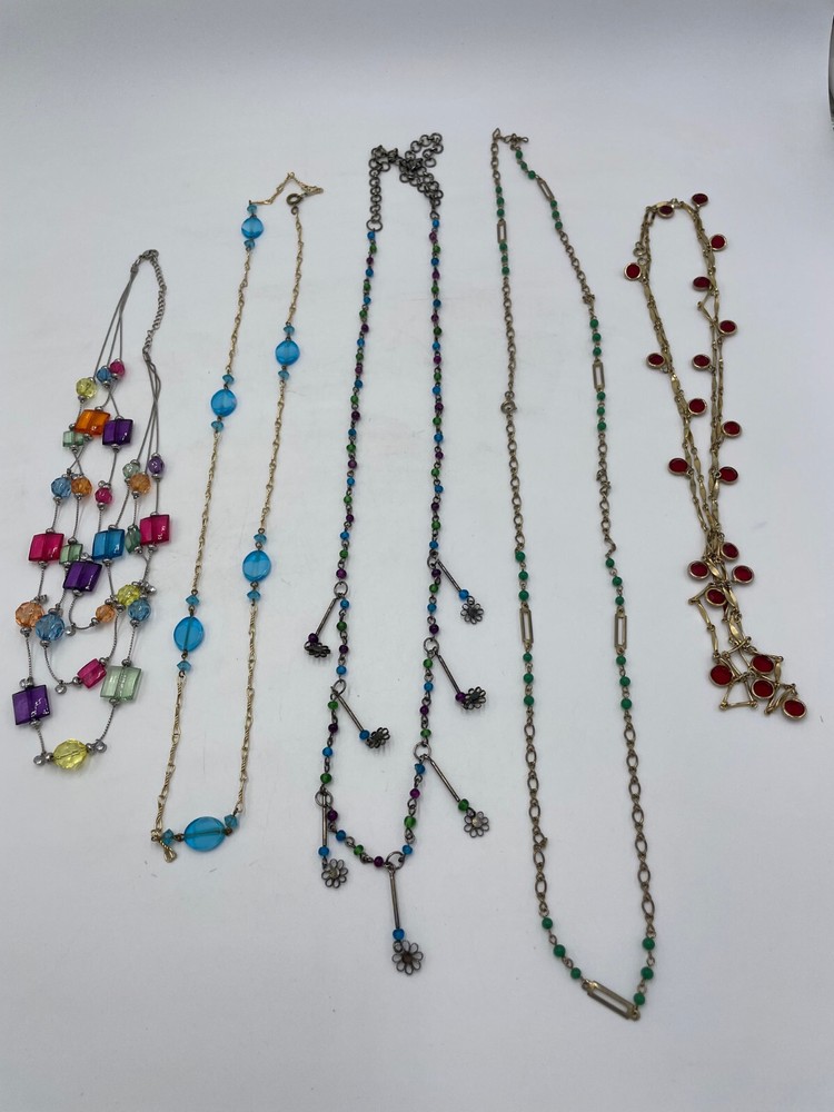 5 Piece Vintage Color Bead Necklaces Gold Silver Tone Chain