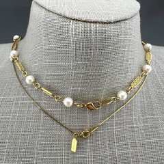 Vintage Necklace Lot Marvella Faux Pearl Bar Link Chain Gild Tone 28”