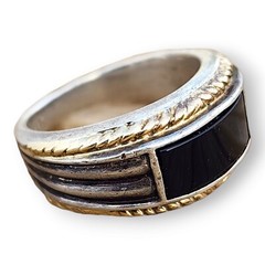 Vintage Signed Sterling Silver 925 and 14KT Gold Onyx Band Ring Size 10.75