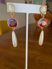Vintage Mixed Media Dangle Earrings Opaline Glass Red AB Rhinestone Faux Pearl