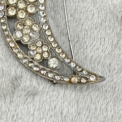Vintage Rhinestone Brooch Silver Tone Crescent Moon