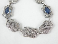 Art Deco Sterling Silver Sapphire Paste Filigree Station Antique Bracelet 7.5″