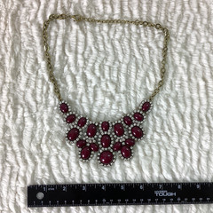 Vintage Burgundy Red Stone Diamonds Statement Necklace Costume Bling Glam Gold