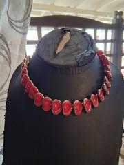 Vintage red celluloid stylized leaf abstract necklace, 16″, articulated
