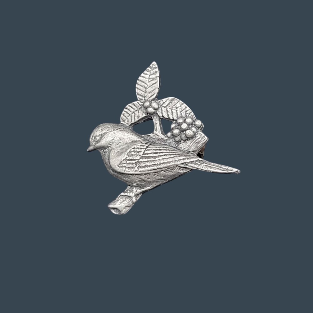 Birds & Blooms Pewter Bird On A Branch Pin Silver Tone Vintage 2002