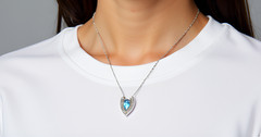 14K White Gold Blue Aquamarine Diamond Artistic Pendant Necklace, 18 Inch Chain