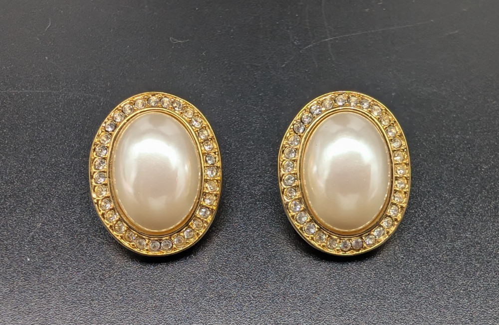 Vintage MARVELLA Gold Tone Rhinestone & Faux Pearl Cabochon Pierced Earrings