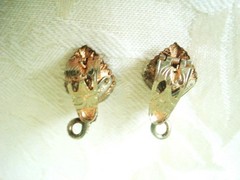 Vintage Sterling Silver Leaf Hinged Clip Earrings Gold Wash Blue Rhinestones KJ