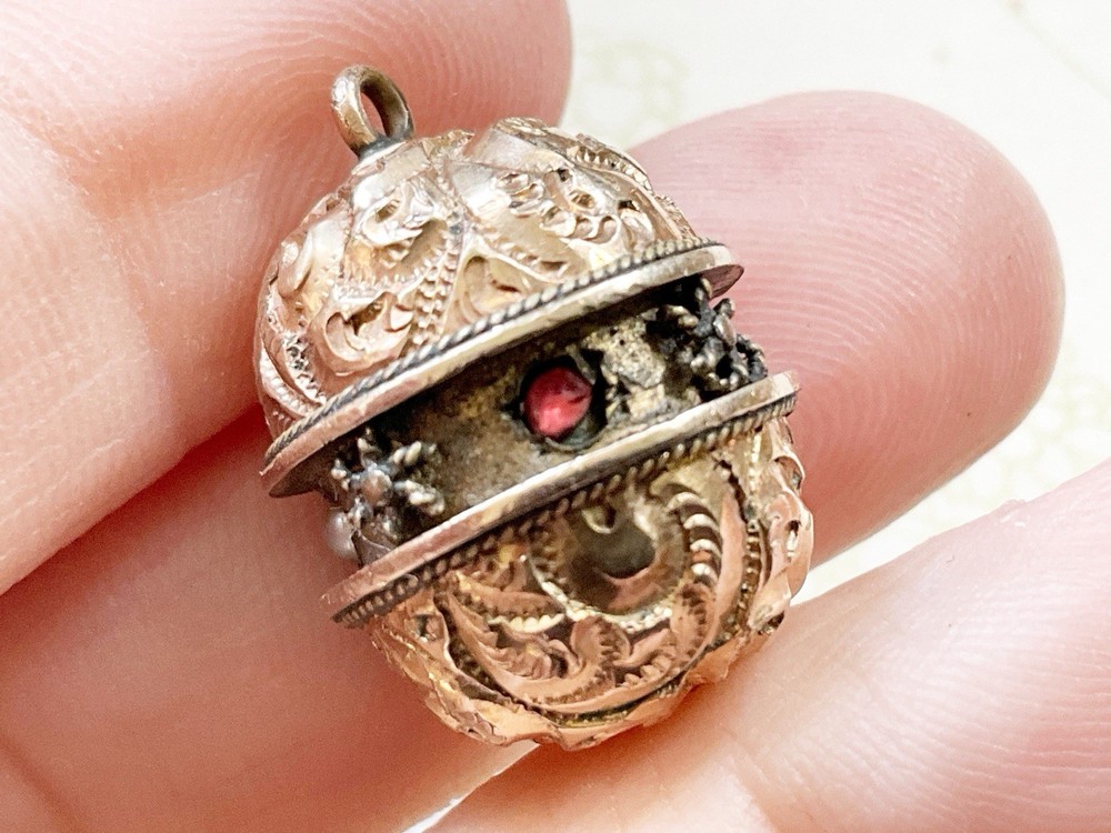Antique Victorian Etruscan Repousse Gold Filled Orb w/ Stones Charm Fob Pendant