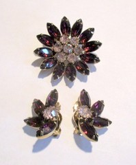 Amethyst Looking Brooch and Earring Set ~ Brooch w/Pin and Clip Earrings