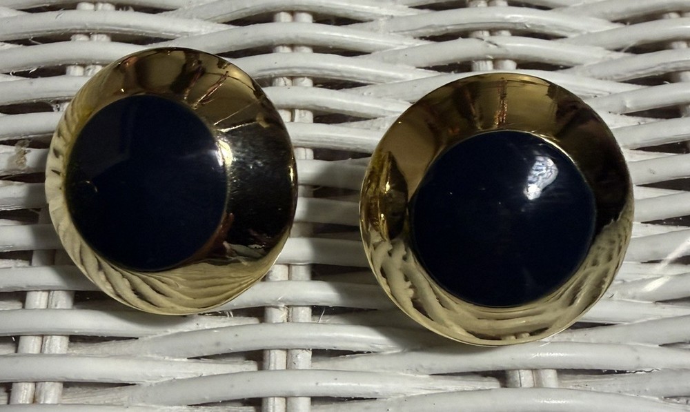 Vintage Signed St. Johns gold tone and navy blue enamel clip on earrings. 1 in.