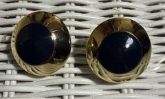 Vintage Signed St. Johns gold tone and navy blue enamel clip on earrings. 1 in.