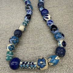 Vintage Artisan Necklace Ceramic Hand Painted Beads Blue White Floral 30 Inches