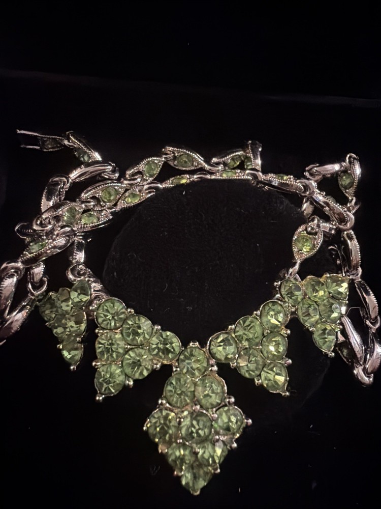 Bogoff Necklace Choker Rhinestone Silver Tone 15.5 in Length Lime Green F