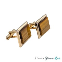 Vintage Swank Brown Tiger’s Eye Rectangular Gold Tone Cufflinks & Tie Bar Set