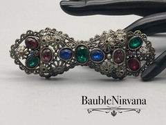 Vintage Silver Flowers Filigree Multi Color Jeweled Glass Stones Bow Pin Brooch