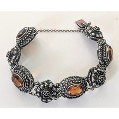 Antique PERUZZI Florence 800 Silver Ornate Rosette Faceted Citrine Link Bracelet