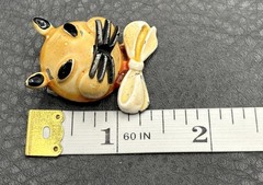 Vintage Unique Cat Face Brooch Pin Painted Enamel Bow Tie Yellow Whimsical