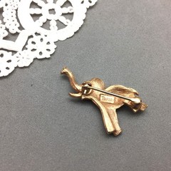 Trifari Gold Tone Elephant Brooch Pin Mini 1.25″ Red Rhinestone Eye Trunk UP Vtg