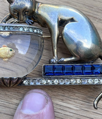 1940s Anthony Aquilino Sterling Silver Cat Fishing Fish Bowl Jelly Belly Brooch